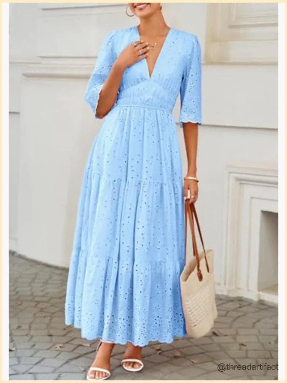 Long Sleeve V Neck Eyelet Ruffle Swing A-Line Boho Maxi Dress - Picture 4 of 7